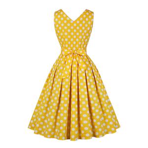 1950s Vintage Lapel and V Back Button Bodice Polka Dots Sleeveless Cocktail Swing Dress N21849