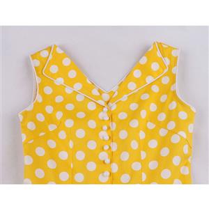 1950s Vintage Lapel and V Back Button Bodice Polka Dots Sleeveless Cocktail Swing Dress N21849