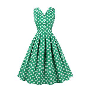 1950s Vintage Lapel and V Back Button Bodice Polka Dots Sleeveless Cocktail Swing Dress N22130