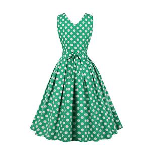 1950s Vintage Lapel and V Back Button Bodice Polka Dots Sleeveless Cocktail Swing Dress N22130