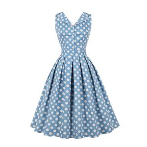 1950s Vintage Lapel and V Back Button Bodice Polka Dots Sleeveless Cocktail Swing Dress N22131