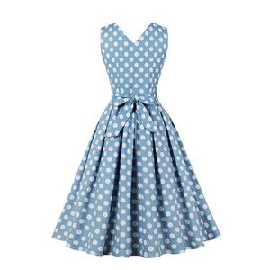 1950s Vintage Lapel and V Back Button Bodice Polka Dots Sleeveless Cocktail Swing Dress N22131