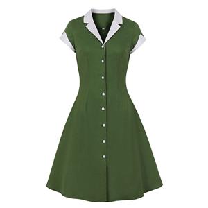 1950s Vintage Lapel Short Sleeve Front Button High Waist Office Lady Cocktail Midi Dress N21857