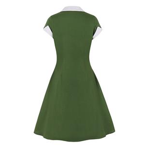 1950s Vintage Lapel Short Sleeve Front Button High Waist Office Lady Cocktail Midi Dress N21857