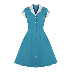 1950s Vintage Lapel Short Sleeve Front Button High Waist Office Lady Cocktail Midi Dress N22044