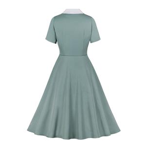 1950s Vintage Lapel Short Sleeve Front Button High Waist Office Lady Daily Midi Dress N22088