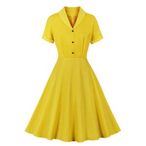 Vintage Solid Color Lapel Button Bodice Short Sleeve High Waist Summer Daily Swing Dress N22117