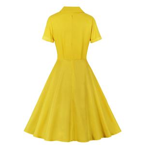 Vintage Solid Color Lapel Button Bodice Short Sleeve High Waist Summer Daily Swing Dress N22117