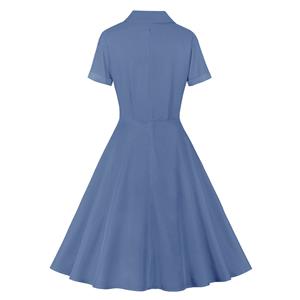 Vintage Solid Color Lapel Button Bodice Short Sleeve High Waist Summer Daily Swing Dress N22118