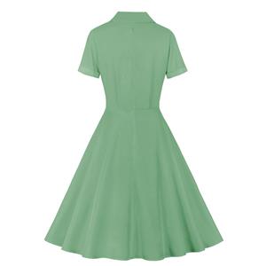 Vintage Solid Color Lapel Button Bodice Short Sleeve High Waist Summer Daily Swing Dress N22119