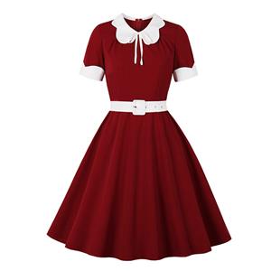 1950's  Vintage Bow Lapel and Set-in Short Sleeves High Waist Belted Cocktail Midi Dress N21502