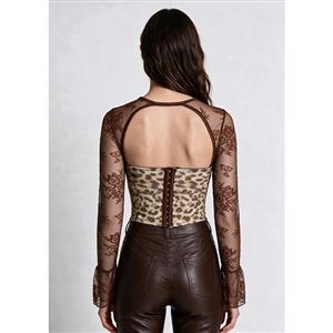 Women's Vintage Leopard Corset Top with Brown Lace Long Sleeves (One-Piece) N23989