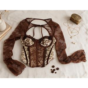 Women's Vintage Leopard Corset Top with Brown Lace Long Sleeves (One-Piece) N23989