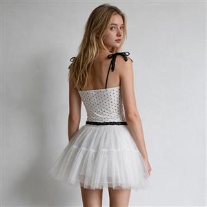 White Polka Dot Corset Top with Black Lace & Tie Details N23990