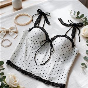 White Polka Dot Corset Top with Black Lace & Tie Details N23990