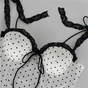 White Polka Dot Corset Top with Black Lace & Tie Details N23990