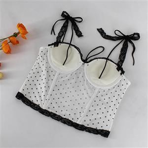 White Polka Dot Corset Top with Black Lace & Tie Details N23990