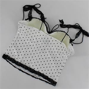 White Polka Dot Corset Top with Black Lace & Tie Details N23990
