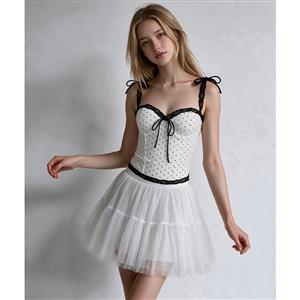 white polka dot top, corset top, black lace trim, tie strap top, adjustable straps, form-fitting shirt, elegant blouse, romantic top, women's fashion, statement piece, stylish outing, classic pattern, chic clothing, lingernie-inspired, trendy top #N23990