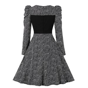 Vintage Crew Neck Leopard Pattern Long Pleated Sleeve High Waist Cocktail Party Midi Dress N21580