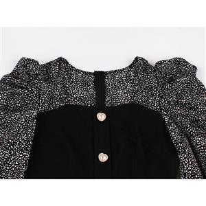 Vintage Crew Neck Leopard Pattern Long Pleated Sleeve High Waist Cocktail Party Midi Dress N21580