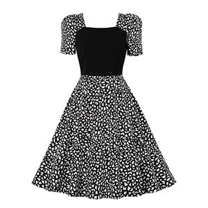 Vintage Square Neckline Black Bodice and Leopard Pattern Short Sleeve High Waist Midi Dress N21581