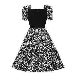 Vintage Square Neckline Black Bodice and Leopard Pattern Short Sleeve High Waist Midi Dress N21581