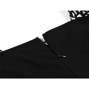 Vintage Square Neckline Black Bodice and Leopard Pattern Short Sleeve High Waist Midi Dress N21581