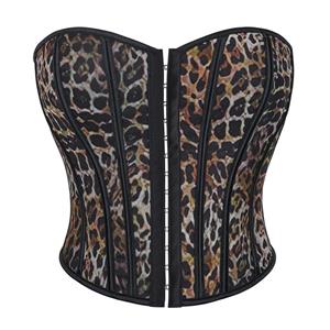 Leopard Print Corset, Animal Print Waist Cincher Corset, Strapless Ruffle Trim Corset, #N23640