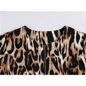 Vintage Leopard Print Front Zipper Round Neck Half Sleeve High Waist Dress with Belt N18670