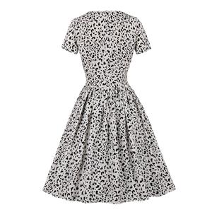 Vintage Leopard Square Neckline Short Sleeve High Waist Daily Casual A-line Dress N22086