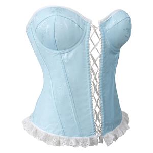 Vintage Light Blue Corset Bodysuit - Floral Pattern Lace Trim with Adjustable Lace-up Back N237832