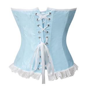 Vintage Light Blue Corset Bodysuit - Floral Pattern Lace Trim with Adjustable Lace-up Back N237832