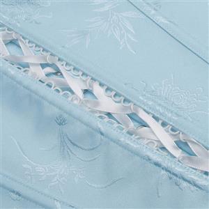 Vintage Light Blue Corset Bodysuit - Floral Pattern Lace Trim with Adjustable Lace-up Back N237832