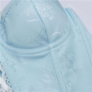 Vintage Light Blue Corset Bodysuit - Floral Pattern Lace Trim with Adjustable Lace-up Back N237832