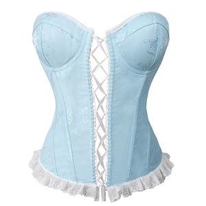 Vintage corset, Light blue bodysuit, Adjustable lace-up back, Floral pattern lingerie, Satin corset top, Hourglass shapewear, Retro lingerie set, Themed party costume, Women's waist training, Elegant lace trim #N237832