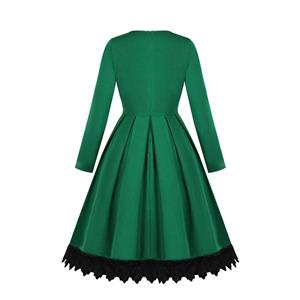 Elegant Solid Color Long Sleeve Floral Lace Trim High Waist Midi Dress N19521