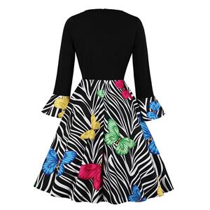 Vintage Zebra and Butterfly Pattern V-neck Flared Sleeve A-line Midi Dress N19563