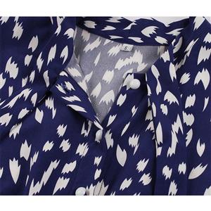 Sexy Navy-blue Bow-knot Tie Collar Short Sleeve Print Slim Waist Belt Midi Dress N20834