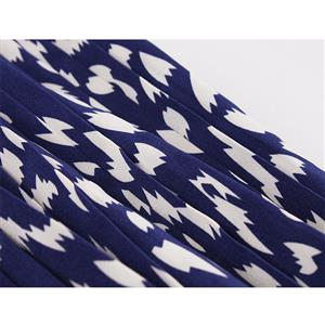 Sexy Navy-blue Bow-knot Tie Collar Short Sleeve Print Slim Waist Belt Midi Dress N20834