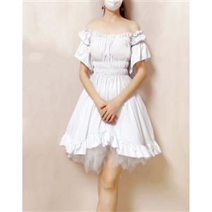 Vintage White Off-shoulder Ruffle Elastic Puff Sleeve High Waist Harajuku High-low Dress N21908