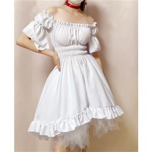 Vintage White Off-shoulder Ruffle Elastic Puff Sleeve High Waist Harajuku High-low Dress N21908