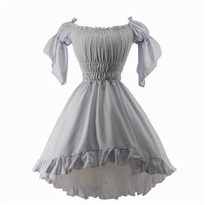 Vintage White Off-shoulder Ruffle Elastic Puff Sleeve High Waist Harajuku High-low Dress N21908