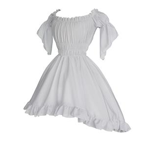 Vintage White Off-shoulder Ruffle Elastic Puff Sleeve High Waist Harajuku High-low Dress N21908