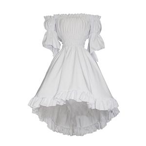 Vintage White Off-shoulder Ruffle Elastic Puff Sleeve High Waist Harajuku High-low Dress N21908