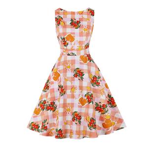 Retro Orange Juice Print Round Neckline Sleeveless High Waist Summer Party Swing Dress N21862