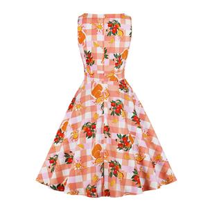 Retro Orange Juice Print Round Neckline Sleeveless High Waist Summer Party Swing Dress N21862