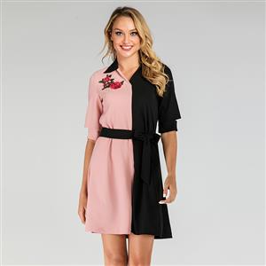 Fashion Black and Pink Patchwork Rose Embroidered Belted Short Sleeve Lapel Shirt Dress N19506
