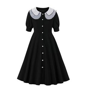 1960s Vintage Peter Pan Collar Puff Sleeve High Waist Cocktail Tea Party Little Black Dress N21589