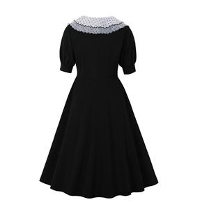 1960s Vintage Peter Pan Collar Puff Sleeve High Waist Cocktail Tea Party Little Black Dress N21589